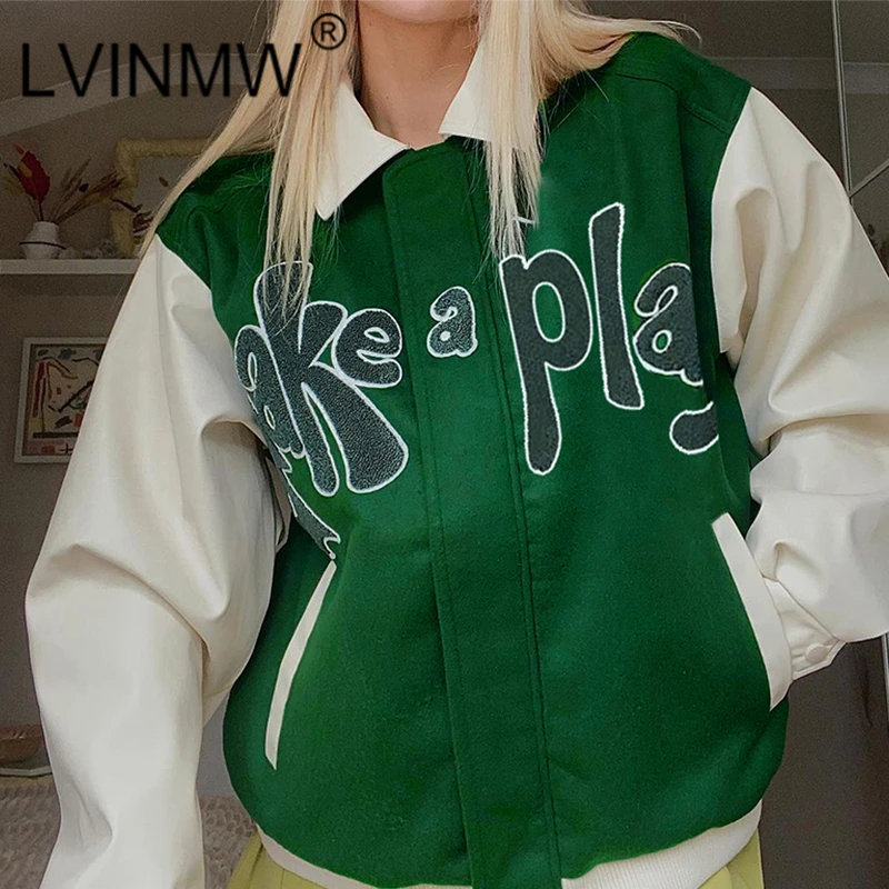 

LVINMW Letters Panelled Casual Baseball Jacket Women Slim Mode Pockets Preppy Style Varisty Jacket Zip Up Button Harajuku Coat