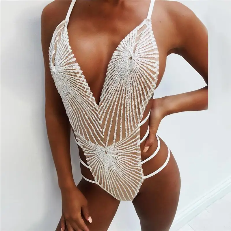 

Women Spaghetti Strap Criss Cross Bandage Hollow Sexy Deep V Neck Bodysuit Shiny Sequin Jumpsuit Chic Clubwear Playsuits Bikini