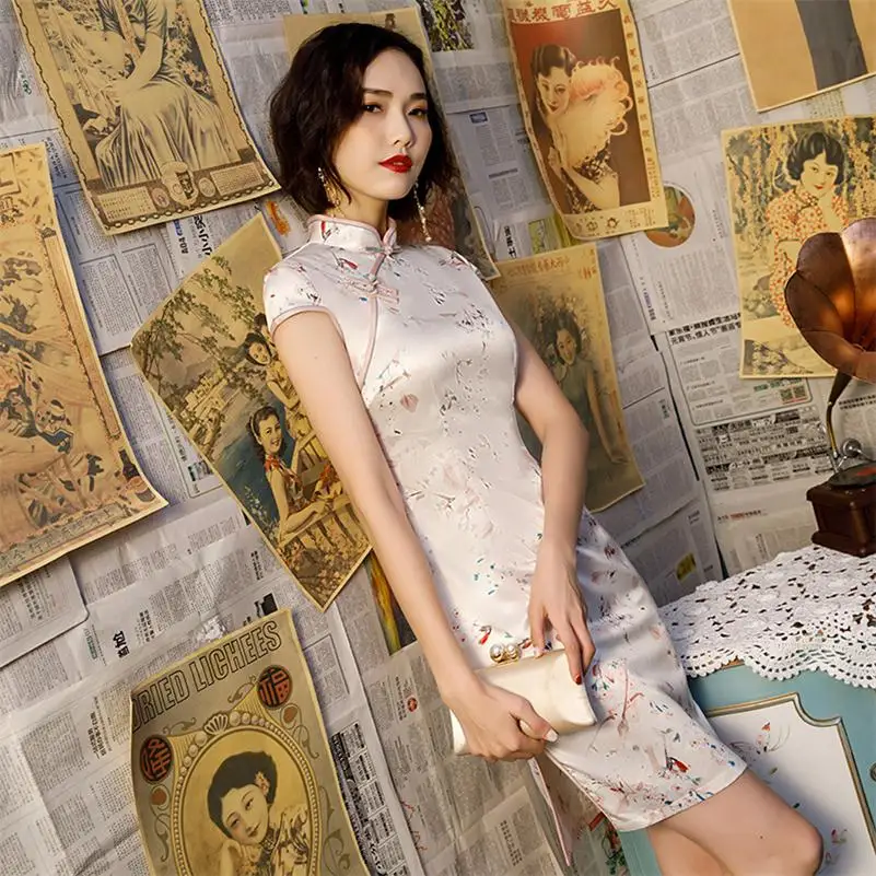 9807 Сексуальное женское атласное платье Чонсам в китайском стиле, короткое летнее платье Qipao, новинка, национальная одежда S-3XL - Цвет: 9807