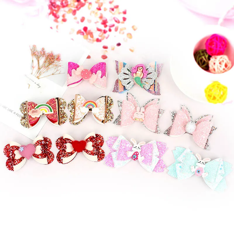 Lovely Handmade Bowknot Fluffy Ball Hair Clips Fashion Cartoon Rabbit Bows Infant Bangs Hairpins Kids Accessories Photo Props