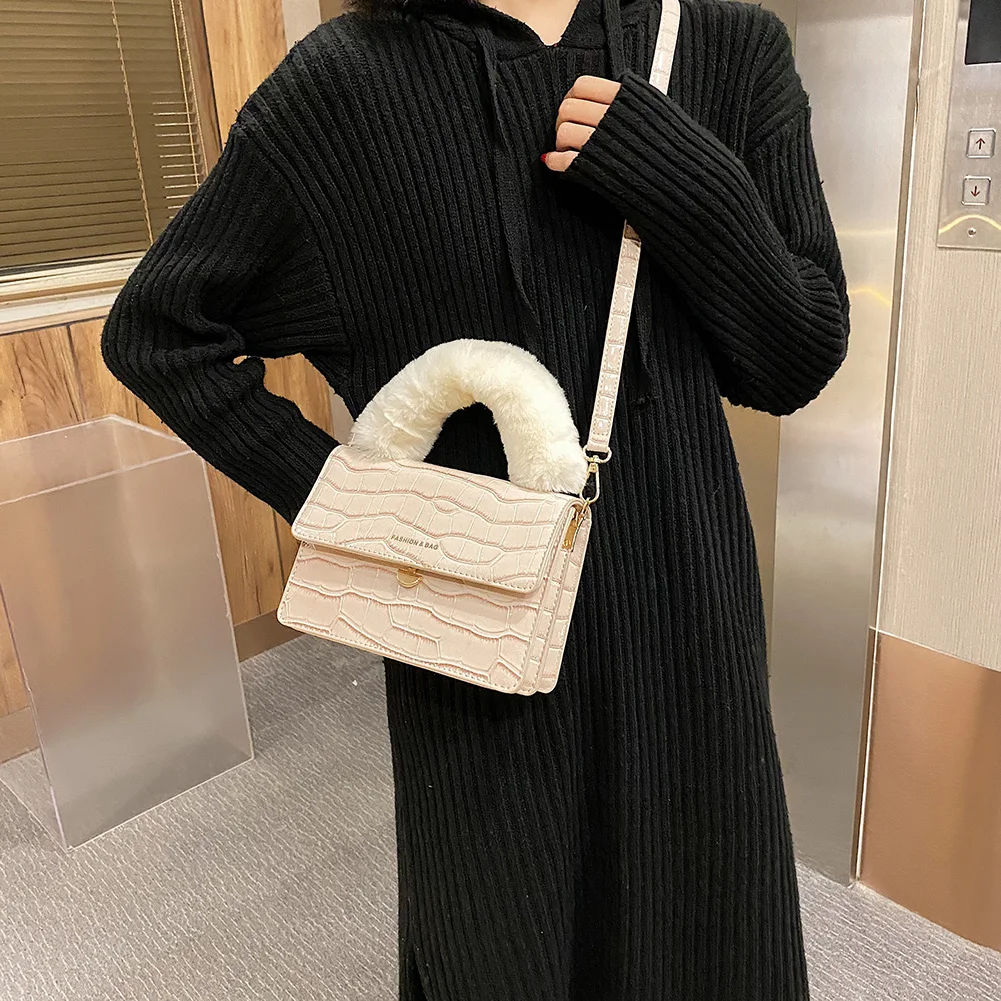 

Stone Pattern PU Leather Crossbody Bag Women Plush Handle Handbags Casual Solid Color Shoulder Commuter Clutch Mini Money Purse