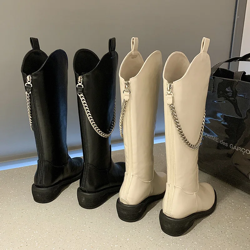 2021 New High Boots Knee-high Pu Boots High Heels For Women Fashion Shoes Chain platform Motorcycle boots  Slip On Chunky Heel