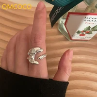 qmcoco silver color ring for women trend vintage charm unique creative irregular moon shape party fine jewelry elegant gifts