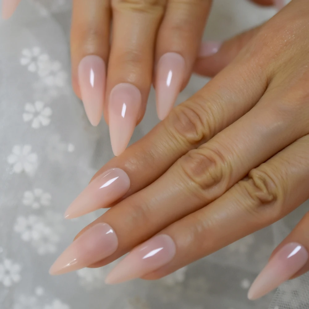 High Light Gel Fantasy Fake Nails Almond Pointed Nude Color False Nalse Medium Long Size Stiletto Tips with Glue Sticker images - 6