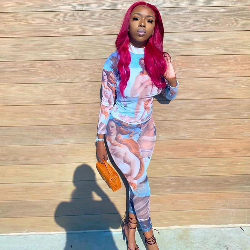 

Cutubly Long Sleeve Women's Set Vintage Print Two Piece Set Top Leggings Pants Set Autumn Women Fashion Outfits Tshirt Tracksuit