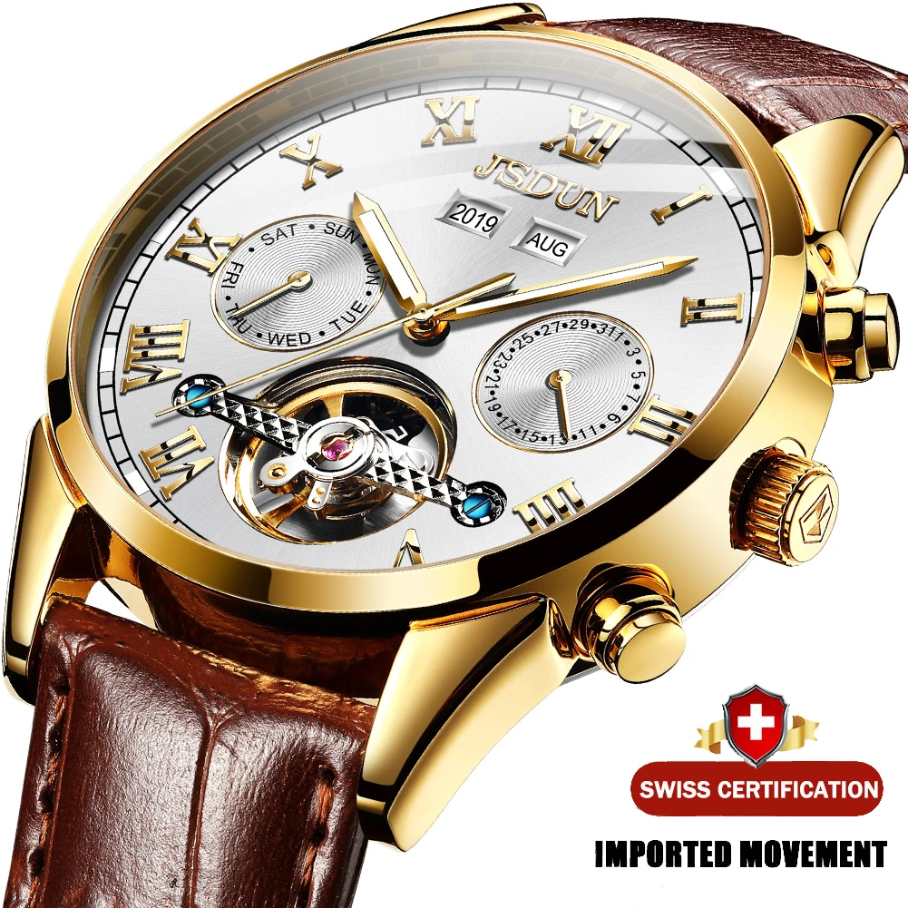 JSDUN автоматические механические мужские часы кожаные водонепроницаемые неделя
