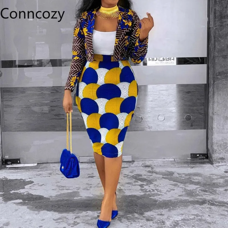 

New African Women Skirt Suit Leisure Elegant Office Work Clothes Blazer Suits Vintage Floral Print Slim Hip Two Piece Set Outfit