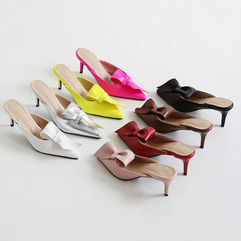 

Pointed high-heeled bow slippers women wear Baotou half slippers in summer 2021 new thin heel lazy sandals women's shoes