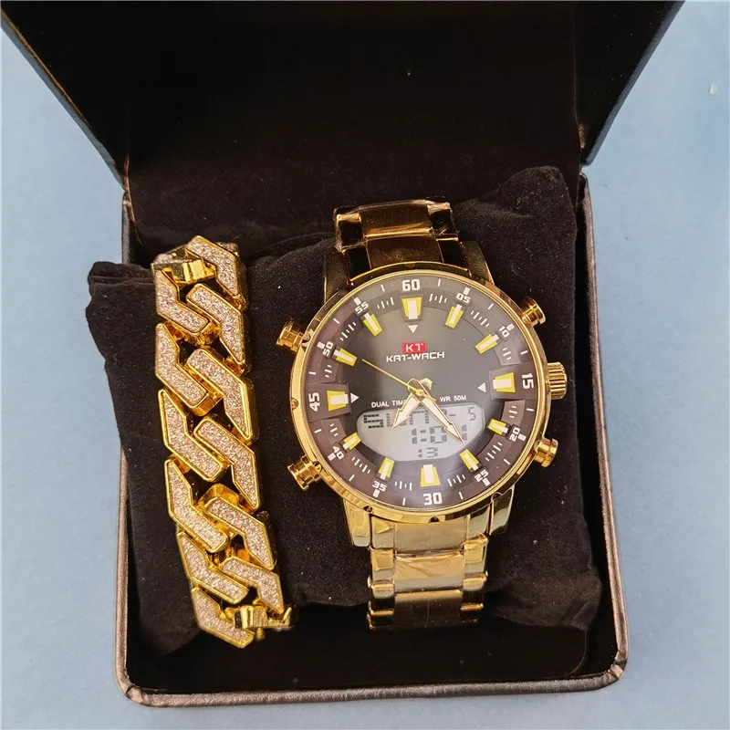 

Часы наручные мужские кварцевые, роскошные золотистые водонепроницаемые спортивные цифровые в стиле милитари, со стальным браслетом и буд...