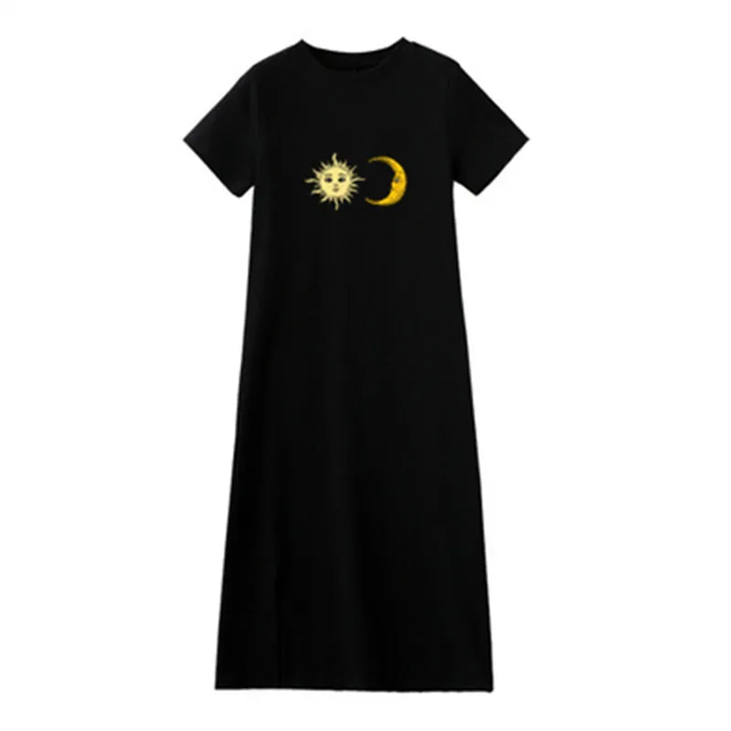 

Summer Moon Sun Dress Woman Black Midi Tshirt Dress Letter Printed Casual Loose Fashion Black Vestidos Female Korean Clothes 3XL