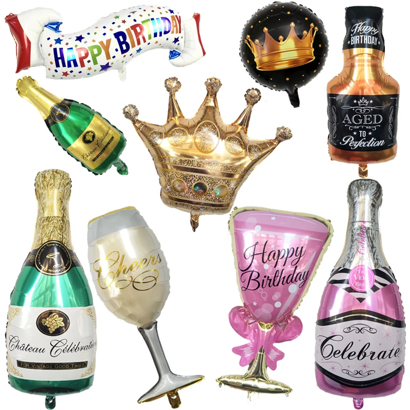 Happy 30th Birthday Party Decoration Golden Crown Champagne Glasses Whiskey Bottle Foil Balloon High School Ball Balloons | Дом и сад