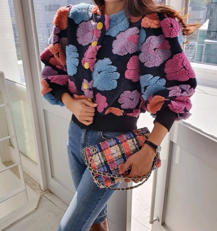 Korejpaa 3D Flocking Flowers Cardigans Women Autumn Retro Round Neck Single-breasted Puff Sleeve Short Coat Female Elegant New |