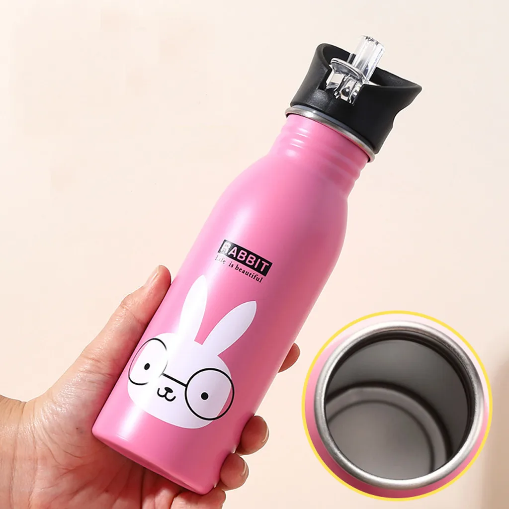 

Water Bottles Cute Animal Pattern Cup Cold Drink Bottle with Straw Cute Children Water Bottle Portable Outdoor Stainless Steel