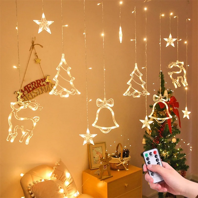 

220V Christmas tree bells stars LED curtain lights Christmas fairy tale wreath outdoor LED flashing lights holiday decoration