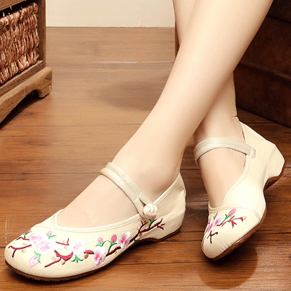 Винтажные женские холщовые лоферы на ремешке с китайской вышивкой повседневная