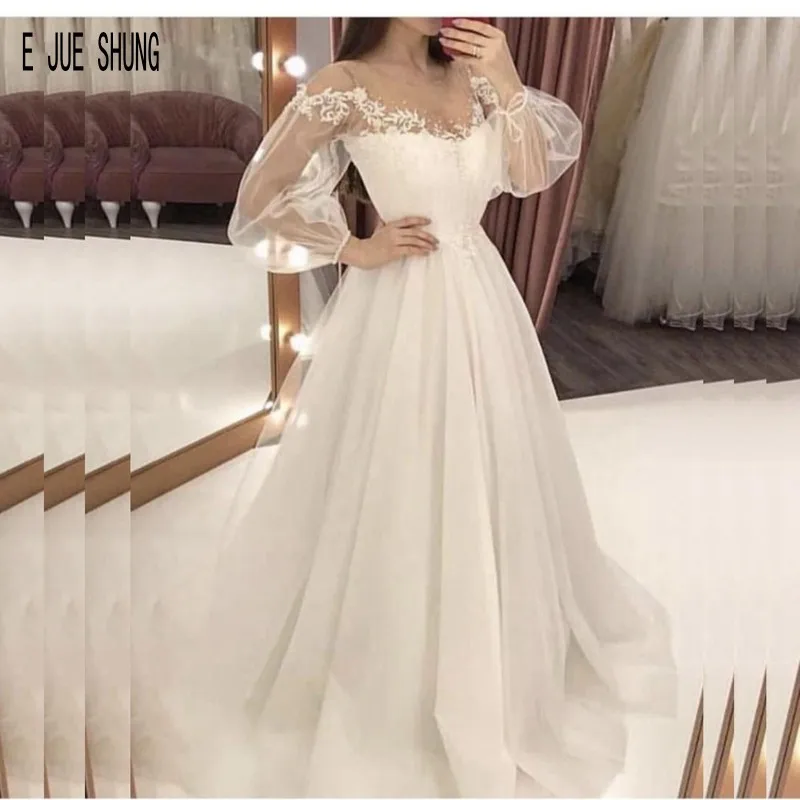 

E JUE SHUNG Vestidos De Novia Boho Wedding Dresses O-Neck Long Sleeves Lace Appliques Simple Lace Up Back Wedding Bridal Gowns