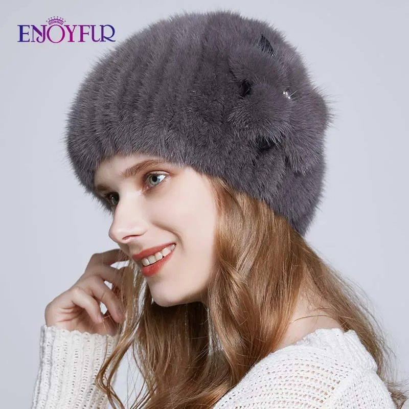 Женская зимняя шапка ENJOYFUR теплая вязаная из искусственной кожи с цветком