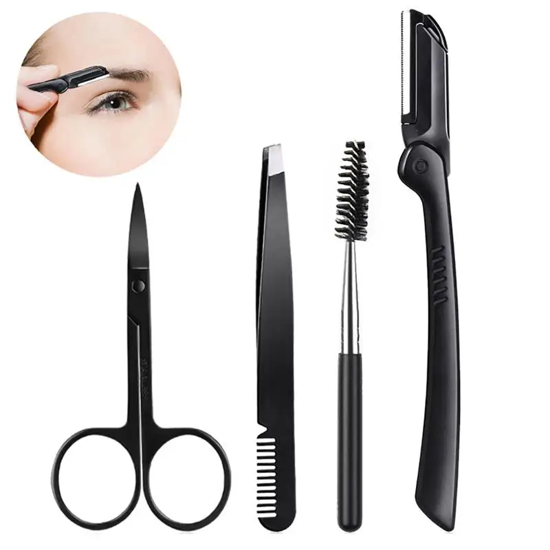 

4PCS Eyebrow Kit Stainless Steel Eyebrow Trimming Kit Eyebrow Grooming Kit DIY Cosmetic Makeup Tools for Women Girls
