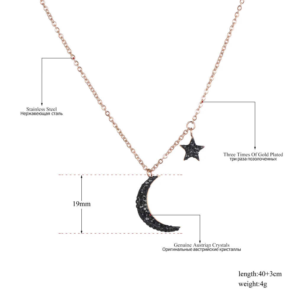 ZooMango Fashion Black Rhinestones Star &amp Moon Charm Necklaces Stainless Steel Rose Gold Pendants Necklace For Women ZN18238 | Украшения