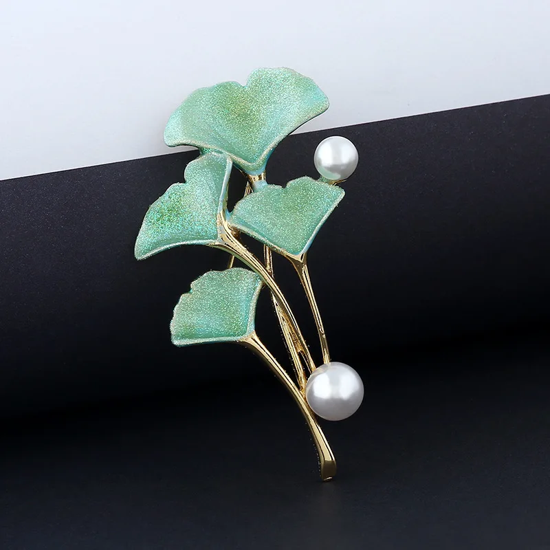 KingDeng Brooches Korean Fashion Gifts for Woman Accessories Pink Enamel Pin Lapel Cute Pearl Ginkgo Leaves Party Jewelry | Украшения и