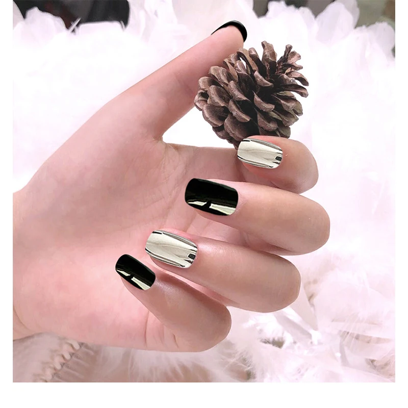 24pcs Long Square False Nails Black Silver Jump Color Press On UV Wearing Bright Sexy Trend Manicure Nail Decoration | Красота и