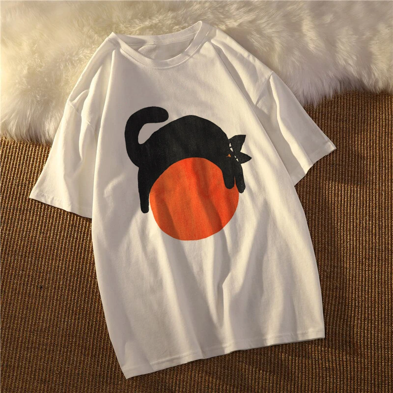 

Cat Mood Cartoon Graphic Women T-shirts 90s Girl Kawaii Pattern Printing Ladies Tees Casual Loose Round Neck White Tops Female