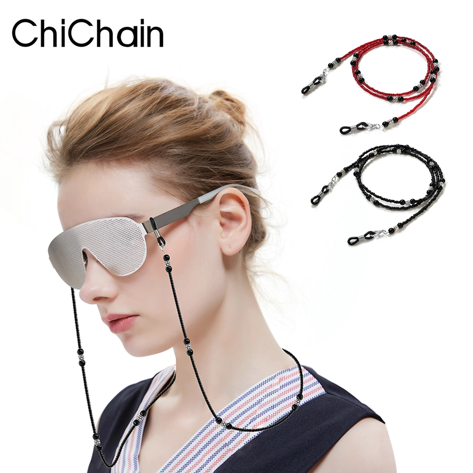 Цепочка для очков Женская красная черная нескользящая стеклянные бусины сделай