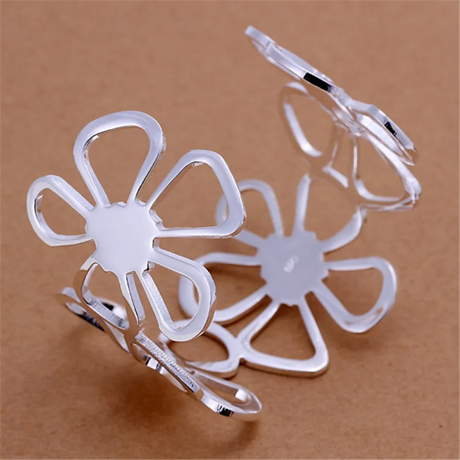 

925 Sterling Silver elegant flower wide bangles cuff Bracelets for Women adjustable Fashion Party wedding Jewelry Holiday gifts