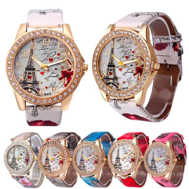 

Zegarek Tower Pattern Women Watch Leather Band Alloy Diamond Case Watchforwomen Analog Quartz Vogue Wrist Clock Reloj Mujer