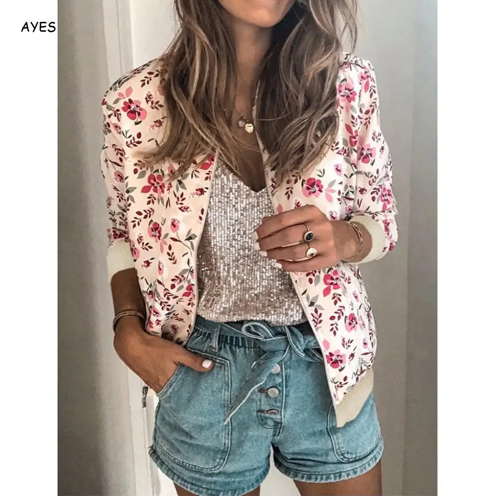 Осенняя Женская куртка с цветочным рисунком ретро бомбер розовая женская