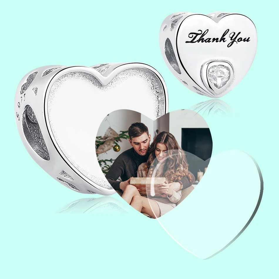 Sterling Silver 925 Heart CZ Charms DIY Thank You Customize Photo Beads Fit Original Charm Bracelet Silver 925 Jewelry Making