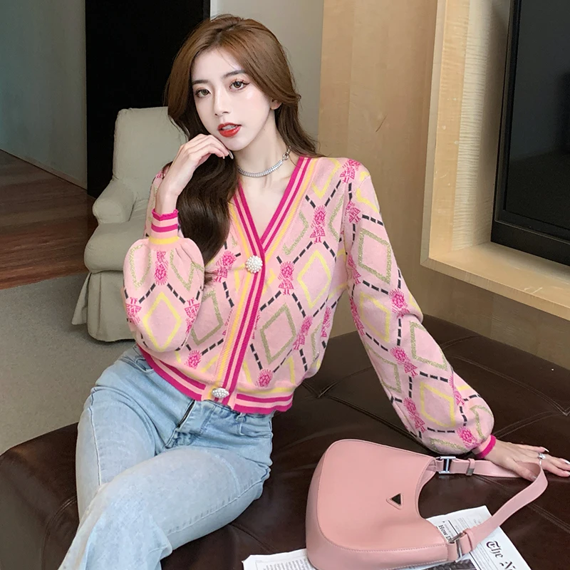 

Retro gentle wind long-sleeved jacket ladies autumn/winter 2021 new pink knitted jacket cardigan short sweater