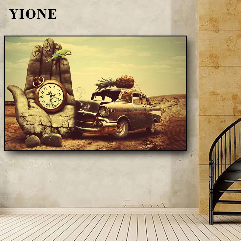 

Retro Old-school Car with Cat Pocket Watch Hand Stone Art Poster Abstract Surrealism Wall Picture Print Canvas Painting Decor