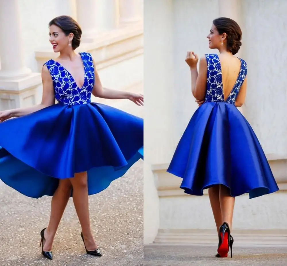 

Royal Blue Satin High Low Homecoming Dresses Deep V Neck Sexy Cocktail Party Dress Lace Backless Short Prom Gowns