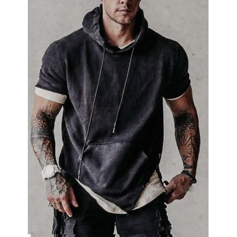 

Pop Oversized Vintage Short Sleeve T-shirt Hooded Summer Men's Fashion Harajuku Cross Print Sweatshirt Casual Male Loose Tops
