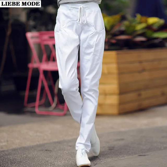 

2021 New Spring Korean High Waist Jeans Women Harem Denim Pants Drawstring Womens Casual Pencil Jeans Trousers Red Green White