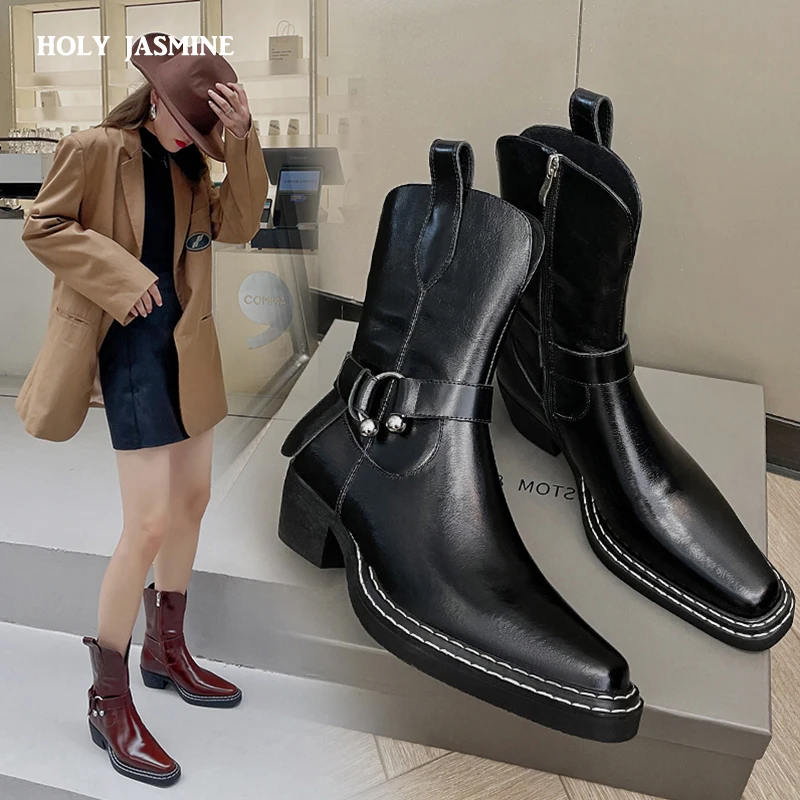

2021 New Pointed Toe Western Cowgirl Boots Chelsea Ankle Boots Shoes Women Cossacks Cowboy Boots Femal Shoes Botas Mujer 34-42