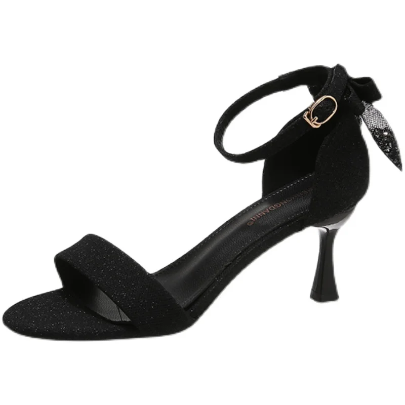 

2021 Sandals Buckle Strap Ladies Shoes Summer Suit Female Beige Bling Bling Clear Heels New Black Bright Comfort Fashion Bow Vel