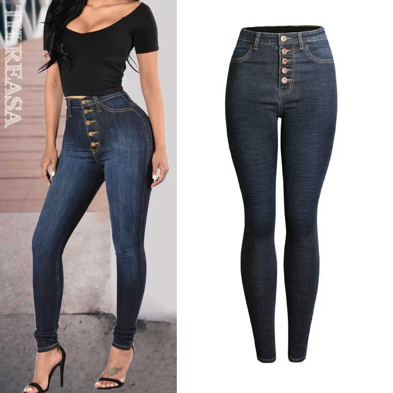 New European and American Thickened Simple Feet Jeans Women's High Waist Was Thin Pencil Pants Slim Multi Button Trousers