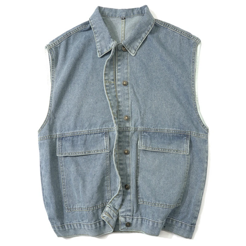 

Men Jackets Denim Sleeveless Pockets 3XL Loose Chic Teens Solid Daily Outwear Mens Harajukyu High Street Korean Style Ulzzang