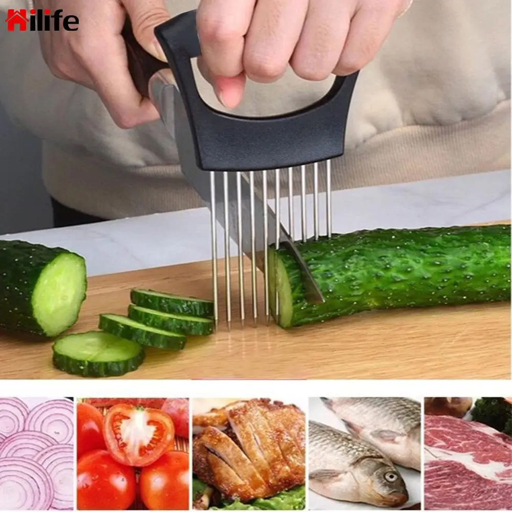 

Slicer Safe Aid Holders 304 Stainless Steel Vegetable Fruit Cutter Chopper Meat Pine Cutting Needle Onion Fork Kitchen Tools