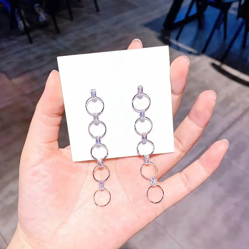 silver color Модные циркониевые Многослойные Круглые длинные висячие серьги для женщин корейский стиль массивные Висячие серьги бижутерия - Окраска металла: silver color