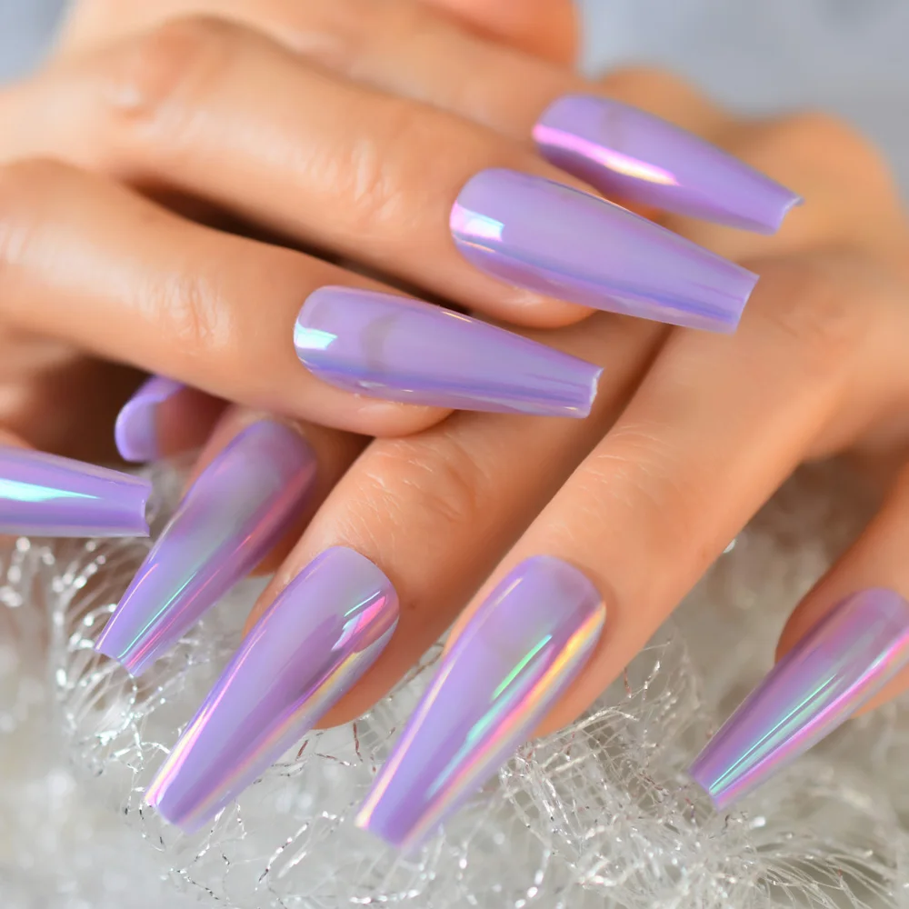 

Хромированные Лавандовые фиолетовые накладные ногти Единорог Холо очень длинные женские дизайнерские накладные ногти для пальцев
