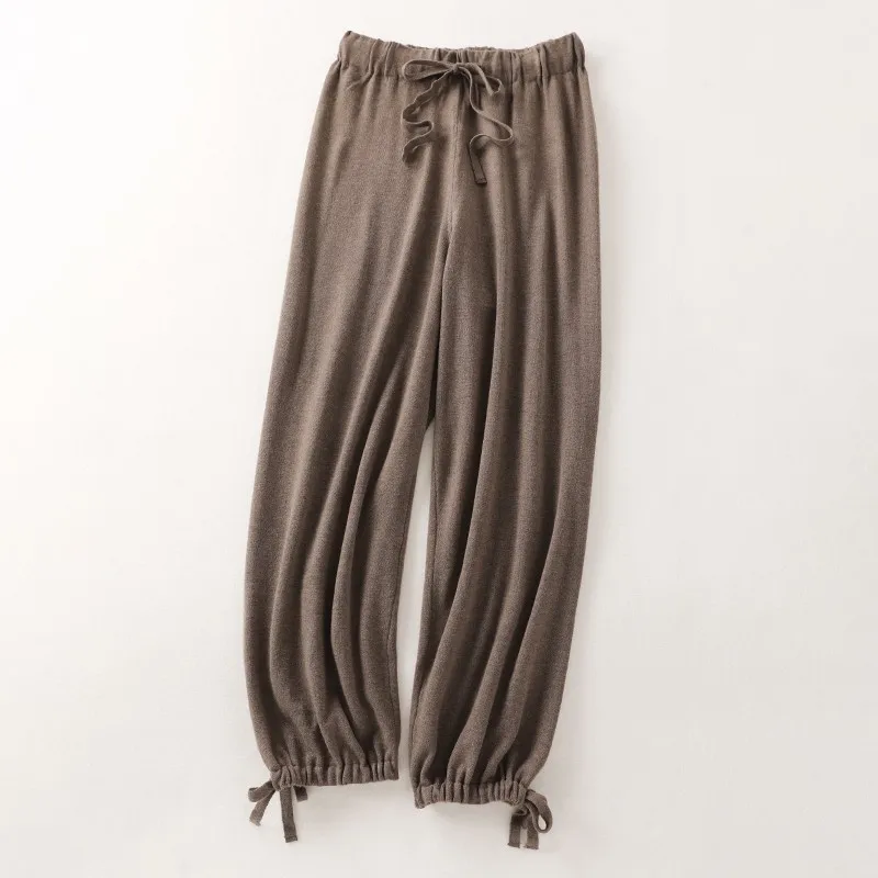

Autumn Woman Pants Casual Solid Color Mixed Material Casual Pants Elastic Lace Up Waist Hem Pocket Less Design Knitted Fabric