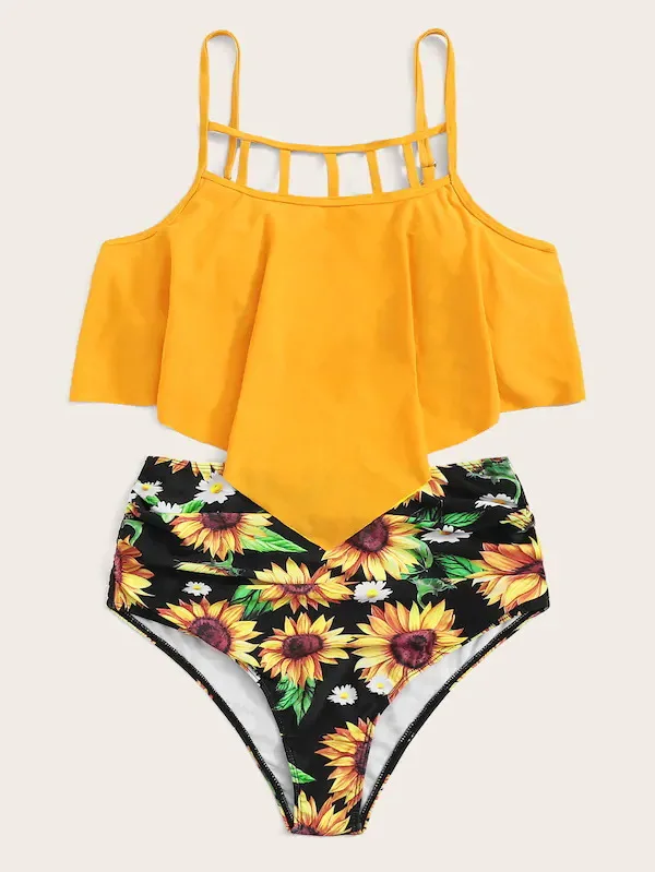 Swimwear Women Sunflower Print Ruffle Two Piece Swimsuit Female Halter Bathing Suit Beach High Waist Swimwear Banador Mujer - Цвет: yellow