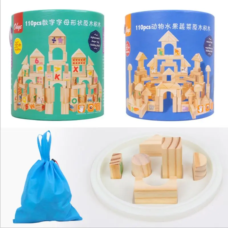 

110pcs Wooden Building Stacking Alphabet Number Fruit Animals Assembling Puzzle Kids Children Educational Toys
