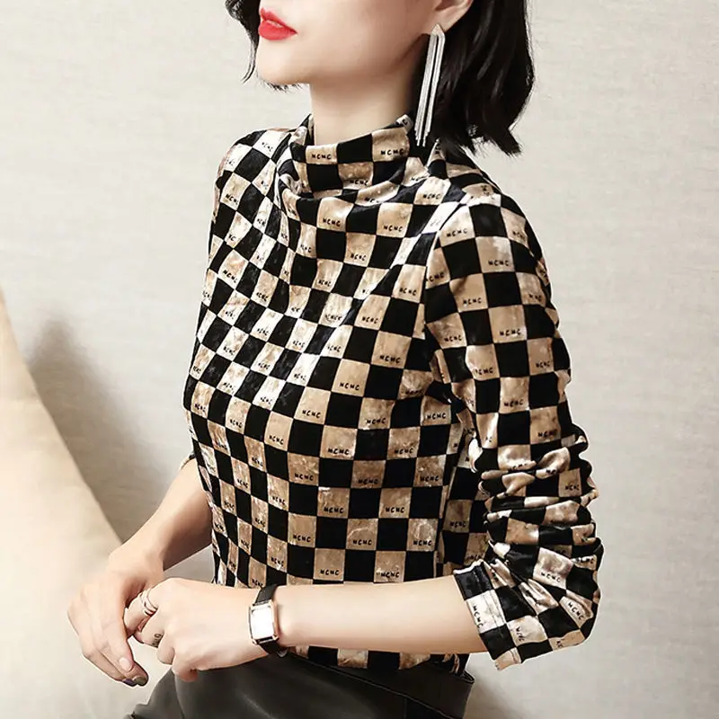 

Gold Velvet half-turtleneck undershirt autumn winter new Slim long-sleeved t-shirt western-style plaid thermal jacket