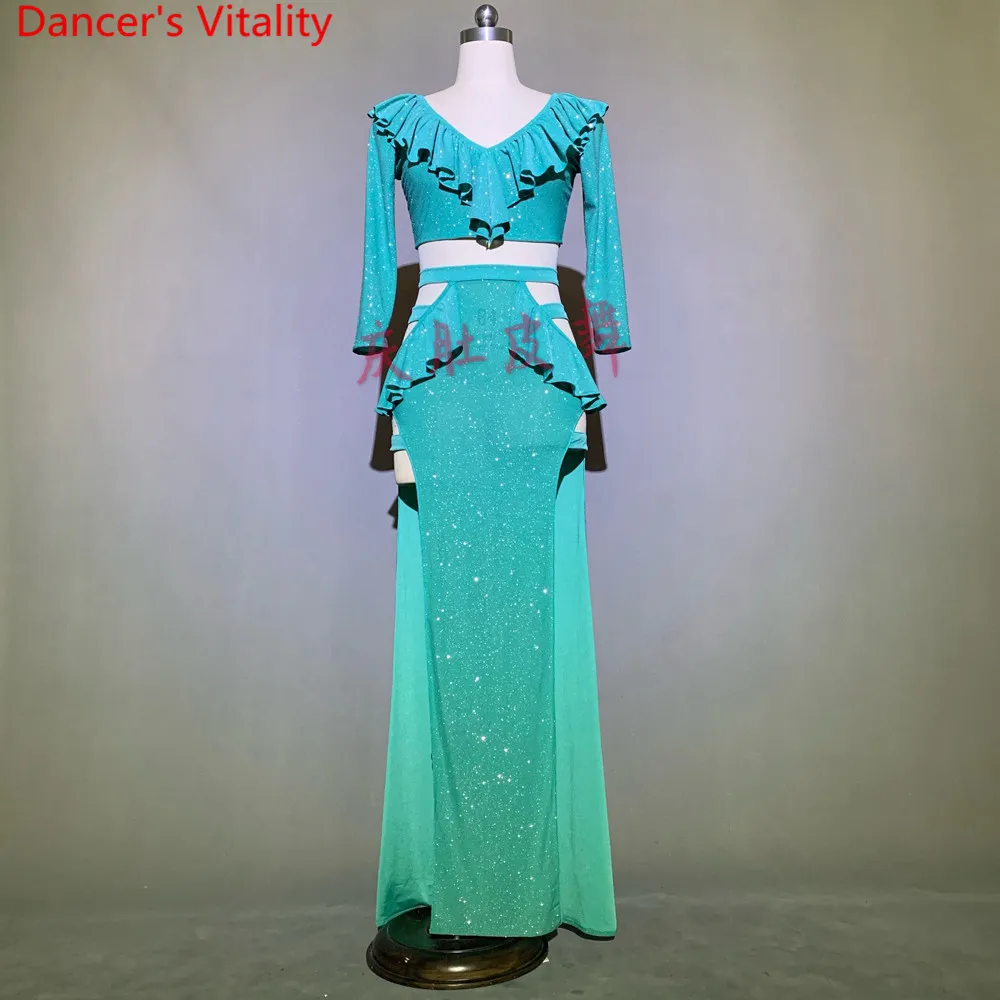 Женский костюм для танца живота со сверкающей юбкой и оборками выступлений в