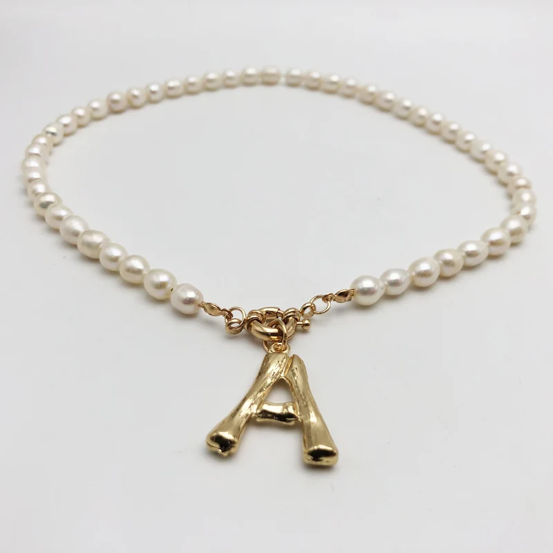 

Real Pearl Necklace Choker Alphabet A-Z Initial Pearl Necklace Stainless Steel Buckle GoldColor Pendant Freshwater Pearl Jewelry