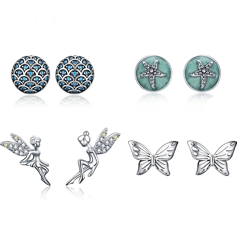 Новая коллекция 925 пробы серебряные серьги гвоздики с бабочками и звездами для